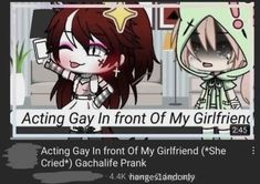 two anime characters are talking to each other in front of a screen with the caption acting gay in front of my girlfriend