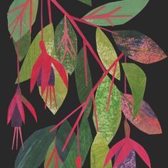 a painting of red and green leaves hanging from a branch with pink flowers on it