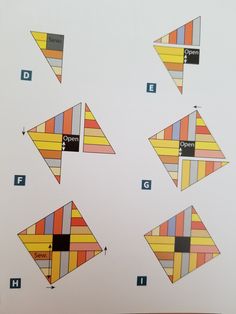 the diagram shows how to make an origami kite with different colors and shapes