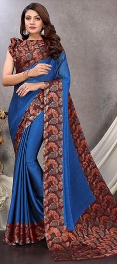 Blue color Saree in Chiffon fabric with Floral, Printed work Blue Saree Fabric For Festive Occasions, Blue Fabric For Wedding And Festivals, Blue Wedding Fabric With Pallu, Elegant Blue Fabric For Festive Occasion, Elegant Blue Fabric For Festive Season, Blue Pre-draped Saree With Printed Motifs For Festive Occasions, Blue Traditional Drape Fabric For Festivals, Festive Blue Digital Print Saree, Fitted Blue Pre-draped Saree With Floral Print