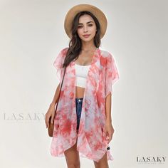 Lasaky - Beachwear: Sheer Chiffon Sun Protection Batwing Cardigan Bikini Cover-Up Cheap V-neck Beach Kimono, Cheap Floral Print Beach Cover-up, Cheap Lightweight Casual Cover-up, Cheap Multicolor Summer Cover-up, Affordable Multicolor Summer Cover-up, Chiffon Beach Cover Up, Moda Kimono, Batwing Cardigan, Autumn Outwear