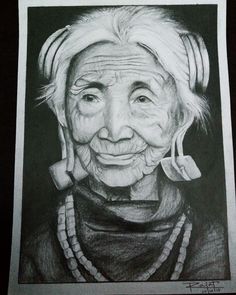 a drawing of an old woman with headphones on