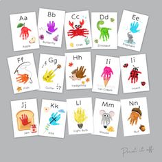 a group of children's handprints with different animals and letters on them