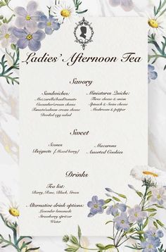 a menu with flowers on it and the words jader's afternoon tea written below