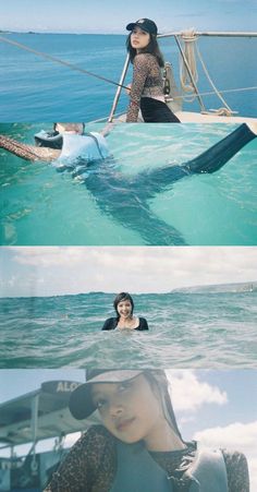 two pictures with people in the water and one has a woman on her back, while another