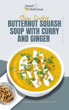 a bowl of butternut squash soup with curry and ginger