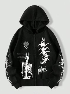 Men's Gothic Pattern Printed Zip Up Hoodie, School Black Casual  Long Sleeve Knitted Fabric Halloween Zip Up Slight Stretch  Men Clothing, size features are:Bust: ,Length: ,Sleeve Length: