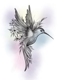 a black and white drawing of a hummingbird with flowers in it's beak