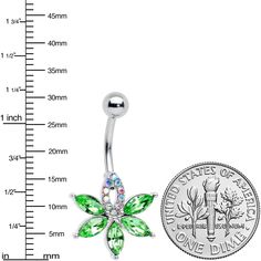 Product DetailsAurora Green Gem Pot Leaf Belly Ring The pot leaf on this 14 gauge navel ring packs a powerful punch....of style! It's made with a 3/8" durable 316L surgical grade stainless steel curved barbell with a 5mm top ball end. The bottom end features a pot leaf charm, with five leaves composed of single green gems. The topmost leaf is set with tiny aurora gems for a colorful and eye-catching appearance. You'll be stoned on style when you're rocking this gorgeous, ganja-themed belly piercing ring!Specifications14 Gauge (1.6mm), 3/8" (10mm), 316L Surgical Grade Stainless Steel Curved Barbell, 5mm Top Ball End Belly Piercing Ring, Jewelry Promotion, Green Gem, Tongue Rings, Navel Ring, Piercing Ring, Belly Piercing, Navel Rings, Green Gems