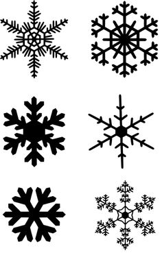 six snowflakes are shown in black and white