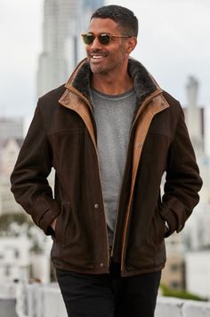 Jack Frost Leather Coat with Spanish Merino Shearling Lining - Big & Tall (48L-52L) | Overland Classic Brown Outerwear With Suede Lining, Winter Brown Leather Jacket With Suede Lining, Brown Leather Jacket With Suede Lining For Winter, Classic Winter Outerwear With Leather Lining, Leather Outerwear With Fleece Lining For Cold Weather, Leather Fur Coat With Fleece Lining For Cold Weather, Winter Leather Jacket With Suede Lining, Classic Winter Outerwear With Suede Lining, Brown Shearling Outerwear For Outdoor