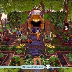 an animated garden with lots of plants and people standing around it in front of a building