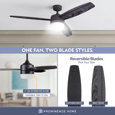 a ceiling fan with two blade styles and the words reversible blades pick out side