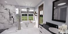 a large bathroom with marble walls and floors