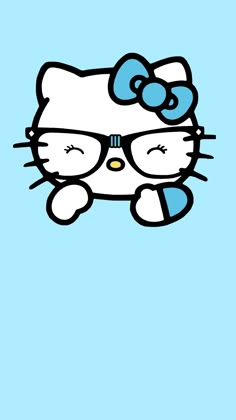 a hello kitty wallpaper with glasses and a bow on it's head is shown