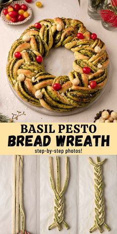 the cover of basil pesto bread wreath step - by - step photo guide is shown