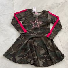 Girls Size 6x Camo Dress With Pink Star And Pink Stripe On The Sleeves. Fitted Long Sleeve Dress For Playwear, Camo Dress, Pink Star, Kids Corner, Pink Stars, Pink Stripes, Kids' Dresses, Camo, Casual Dresses