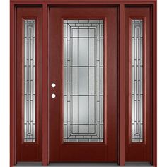 a red front door with glass panels and two sidelights on the top, and bottom