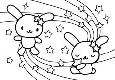 two cartoon rabbits flying through the air with stars on it's tail and one bunny holding