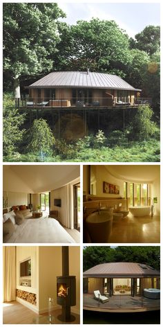 four different views of a house in the woods