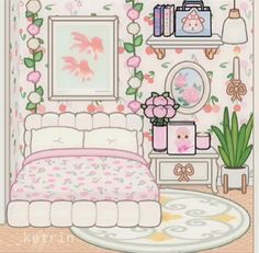 a bedroom decorated in pink and white with flowers on the wall