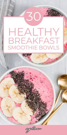 healthy breakfast smoothie bowls with bananas and chia seeds in them, on top of a white table