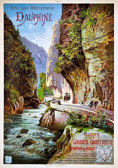 an old poster shows people riding horses on a road through a canyon with mountains in the background