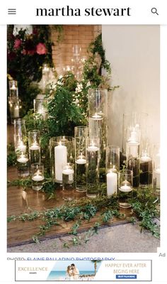 the front page of martha stewart's magazine with candles and greenery in glass vases