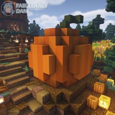 an orange object is in the middle of some rocks and trees, with stairs leading up to it