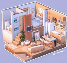 an illustrated view of a bedroom and living room in a tiny apartment with stairs leading up to the second floor