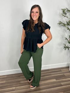 We love a good dress up or down pant, which is why we are so in love with the Kennedy Elastic Waist Green Pant. Features a stretchy elastic waist band for added comfort, front pockets, and a straight leg. The color is perfect for all year styling. Pair with the Melody Floral Puff Sleeve Top for the cutest work day outfit. Description: Color- Green Elastic waistband with drawstring tie 2 functional front pockets 2 functional back pockets Straight leg Material: 100% Polyester Fit- TTS. If you carr Casual Teacher Outfit, John Proctor, Outfit Description, Floral Puff Sleeve Top, The Melody, Classy Fashion, Teacher Outfits, Window Shopping, Office Attire