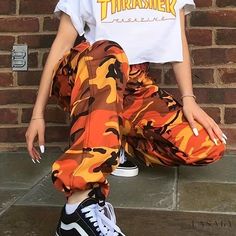 Lasaky - Fashion-forward Womens Camo Cargo Pants and Y2K & Kpop Style Straight Jeans with Flap Pockets and Loose Fit Pant Aesthetic, Orange Camo Pants, Camouflage Leggings, Pants Male, Orange Camo, Orange Leggings, Sweatpants Style, Camouflage Pants, Streetwear Mode