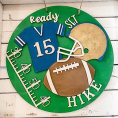 Football Ready Set Hike: Small Round Youth Door Hanger - Paisley Grace Makery Painted Football, Team 10, Round Door Hanger, Wooden Welcome Signs, Football Lover, Wooden Wreaths, Cheer Gifts, Cricut Projects Beginner, Wooden Tags