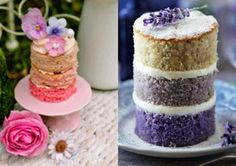 three different types of cakes on plates with flowers