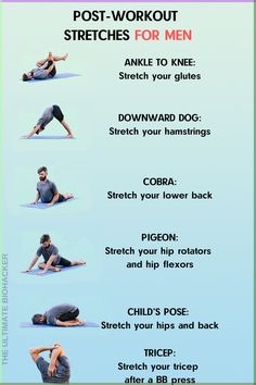 a man doing yoga poses with the words post workout stretches for men