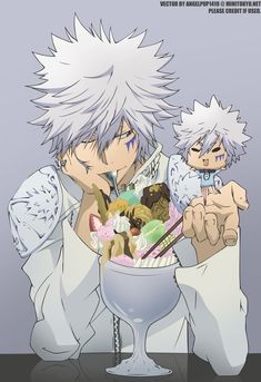 an anime character holding a bowl with food in it