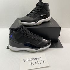 2016 Jordan 11 XI Retro High "Space Jam" Color: Black/Dark Concord/White Size:  Men's 10 Retail: $220 100% Authentic Guaranteed SLIGHT YELLOWING ON OUTSOLE AROUND PODS DUE TO AGE.  LIGHT COSMETIC SCUFFING THROUGH PATENT LEATHER. COMES WITH OG ALL!  THIS IS MY BROTHER'S PERSONAL PAIR AND HE WORE 2 TIMES. Details: The Air Jordan 11 Space Jam has released twice since it first appeared on the feet of Michael Jordan in the 1995 NBA Playoffs. The 2016 Jordan 11 Space Jam marks the third time that this Space Jam Shoes, Jordan 11 Space Jam, Retail Shelves, Product Placement, Nba Playoffs, Jordan 11 Retro, Space Jam, Air Jordan 11, Jordan 11