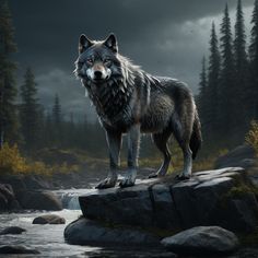 a wolf standing on top of a rock next to a river