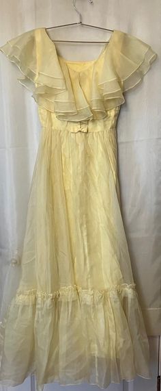 Vintage 70s dreamy lemon yellow chiffon with floaty ruffle tiers at the neck and bow detail 70s Prom Dress, 70s Prom, Tiered Prom Dress, Chiffon Overlay, Lemon Yellow, Sleeveless Maxi Dress, Bow Detail, Vintage 70s, New Black