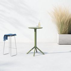 an outdoor table and stool are shown in front of a planter with tall grass