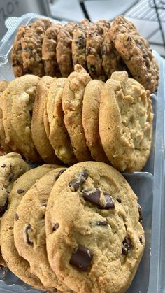 a plastic container filled with chocolate chip cookies