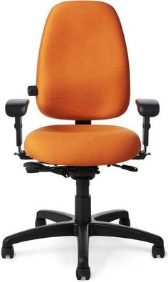 an orange office chair with black legs