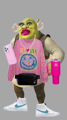 a cartoon character holding a pink cup and cell phone in one hand while wearing a pink shirt with the word nirvana on it