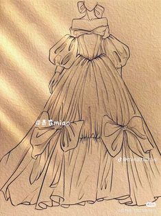 a drawing of a woman's dress with bows on the waist and shoulders, in front of a tan background