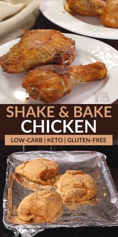 two pictures of baked chicken and some other foods on the same plate with text overlay