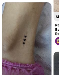 small black hearts tattoo on the ankle and right side of the foot with text above it