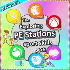 the exploding pe stations sports skills pack is displayed in front of a rainbow colored background