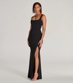 A sleeveless crepe formal dress boasts a square neckline, striking lace-up back, and a high front slit to show some skin along the mermaid silhouette. Style with a necklace for any formal event.Fit & FeaturesCrepe fabric, bust knit lining, moderate stretchSquare necklineShoulder strapsLace-up back, lower zipper and hook-eye closureFront slitMermaid floor-length fitRuns true to size Evening Gowns Short, Orange Homecoming Dresses, Sequin Holiday Dress, Holiday Formal Dresses, Short Formal Dresses, Purple Homecoming Dress, Backless Dress Short, Red Holiday Dress, White Homecoming Dresses