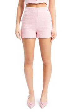 Oversized covered buttons trim the sides of these textured high-waist shorts. 2 1/2" inseam; 25" leg opening; 12" front rise; 16 1/2" back rise Hidden back-zip closure Lined 100% polyester Hand wash, line dry Imported Chic High-waisted Button Closure Shorts, Chic High-waisted Shorts With Button Closure, Spring Shorts With Button Closure And Short Inseam, Chic High Rise Shorts With Button Closure, Chic Above Knee Spring Bottoms, Chic Spring Shorts, Chic Above-knee Spring Shorts, Covered Buttons, High Waisted Shorts