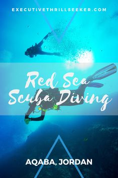 a person swimming in the ocean with text reading red sea scuba diving